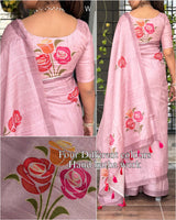 Rose Linen Cotton Handprint Saree With Blouse