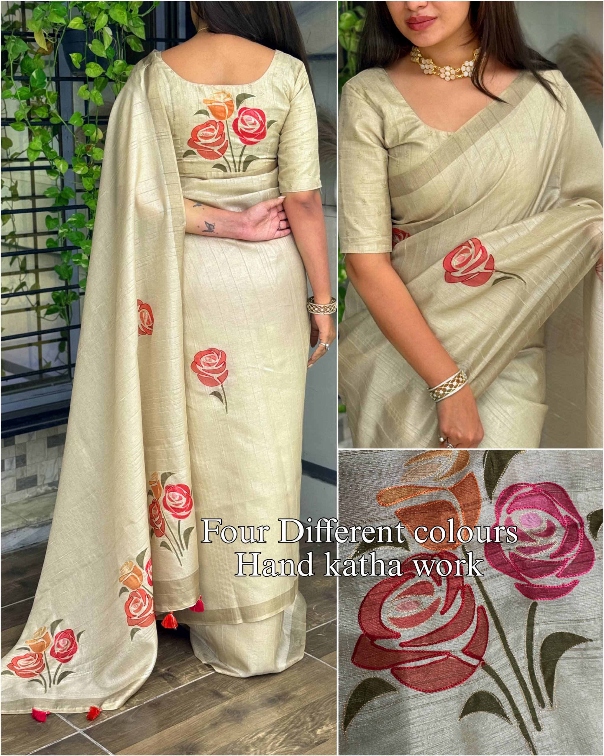 Rose Linen Cotton Handprint Saree With Blouse