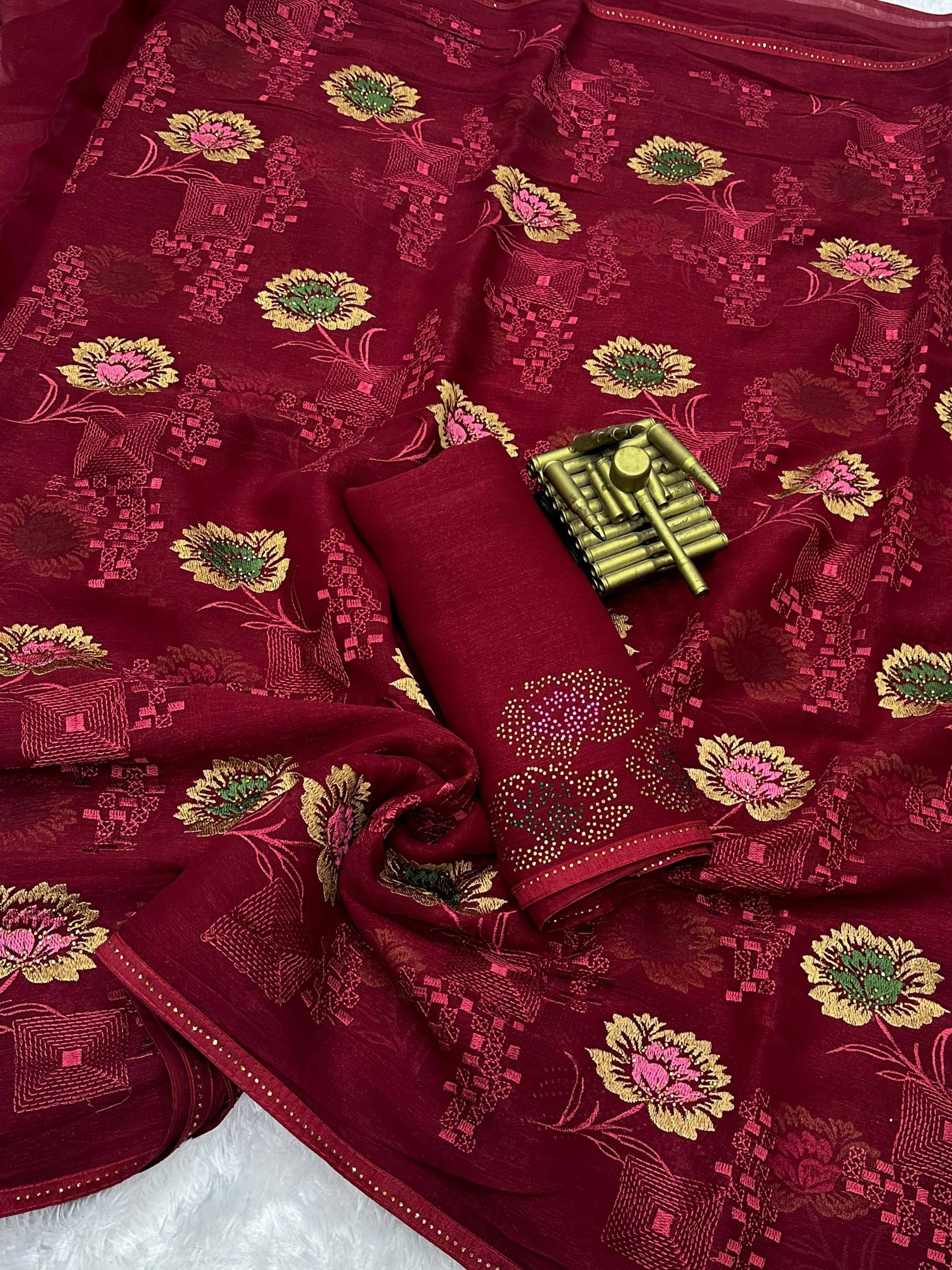 Vibrant Sitara Chiffon Heavy Zarkhan Diamond work Saree With Blouse
