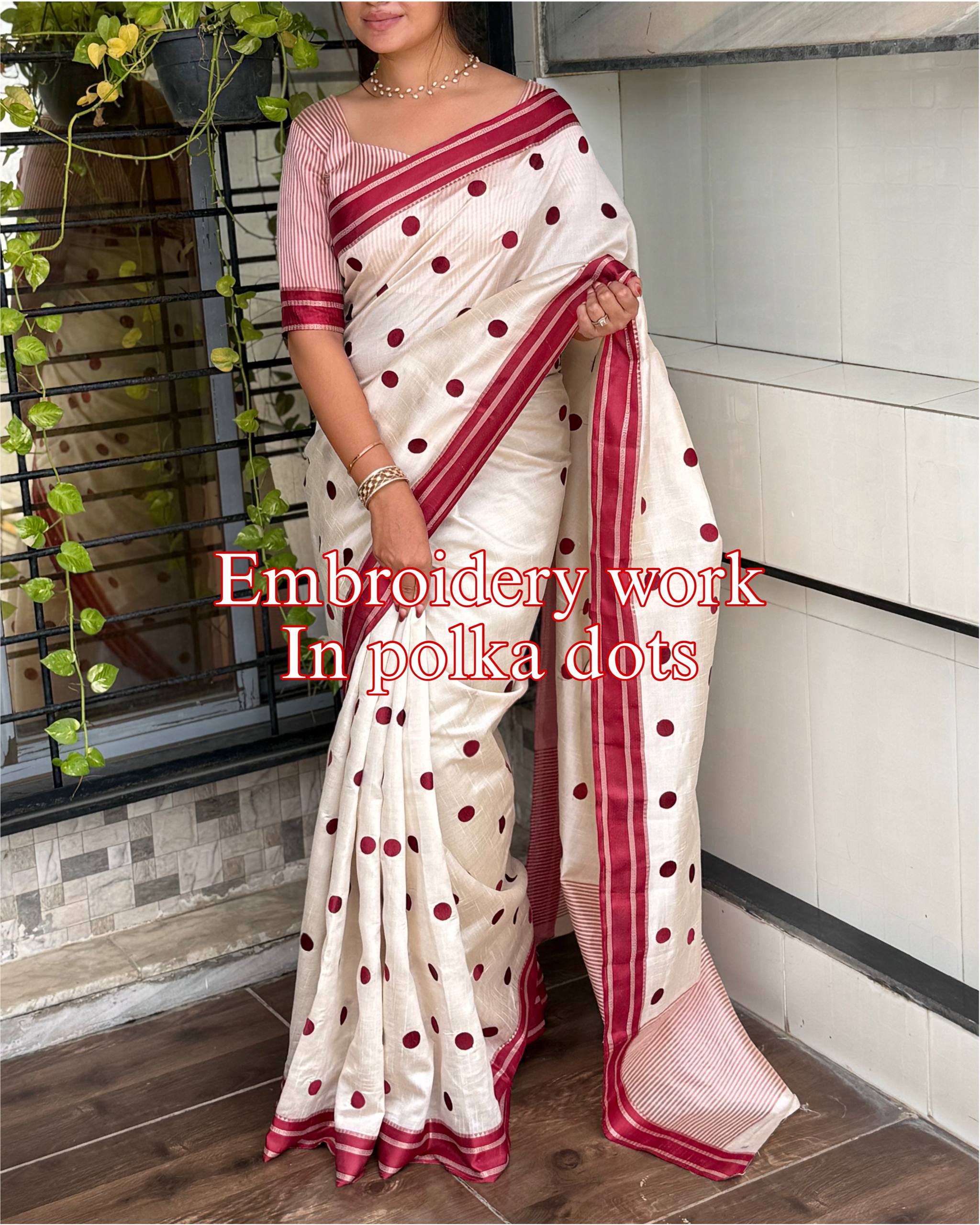 Evergreen Polka Dots Beuaty With Tusser Silk Saree With Blouse