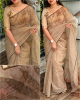 Digital Printed Pure Tissue Organza Pitha Work  Saree With Blouse