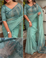 Digital Printed Pure Tissue Organza Pitha Work  Saree With Blouse