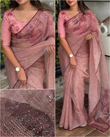 Digital Printed Pure Tissue Organza Pitha Work  Saree With Blouse