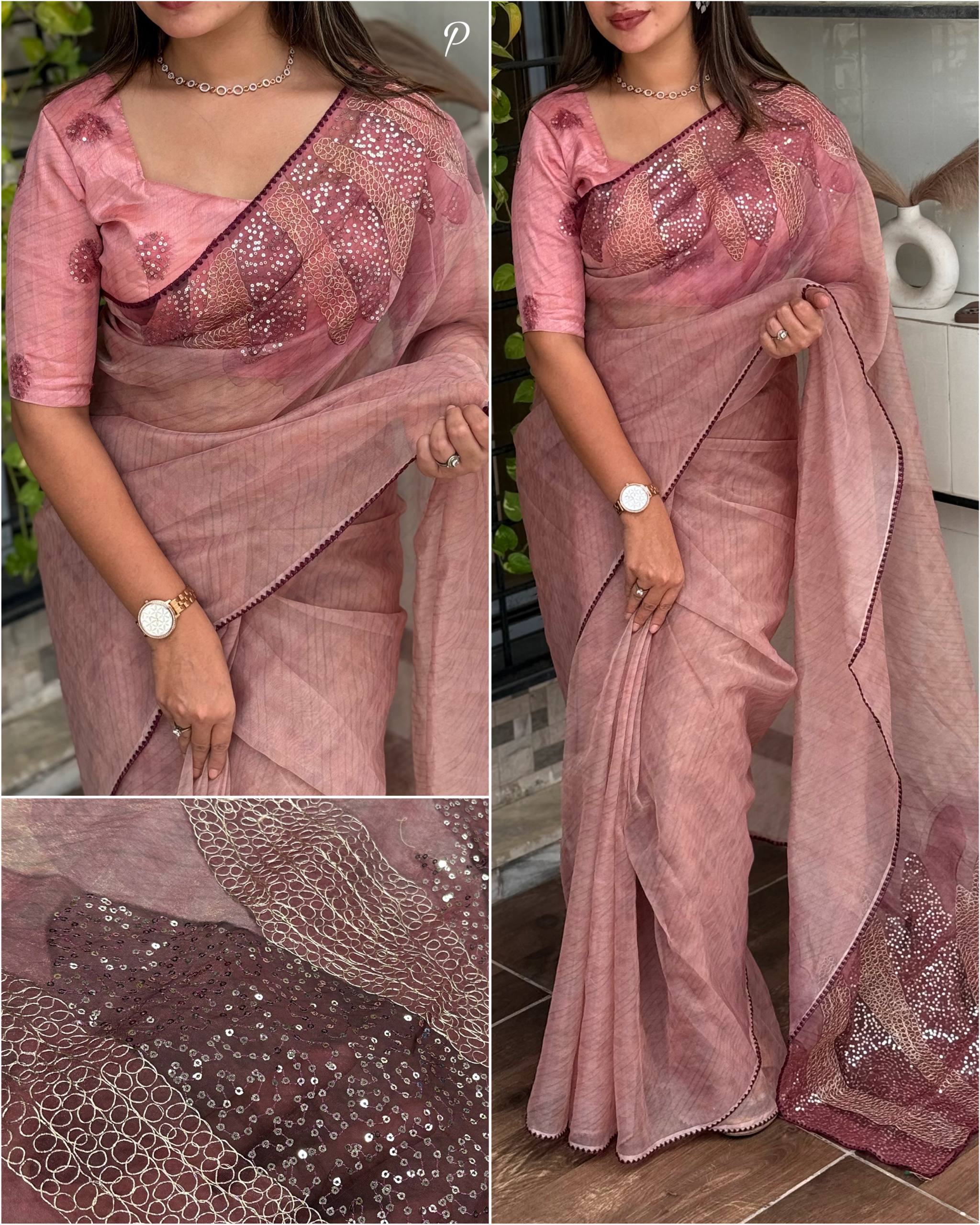 Digital Printed Pure Tissue Organza Pitha Work  Saree With Blouse