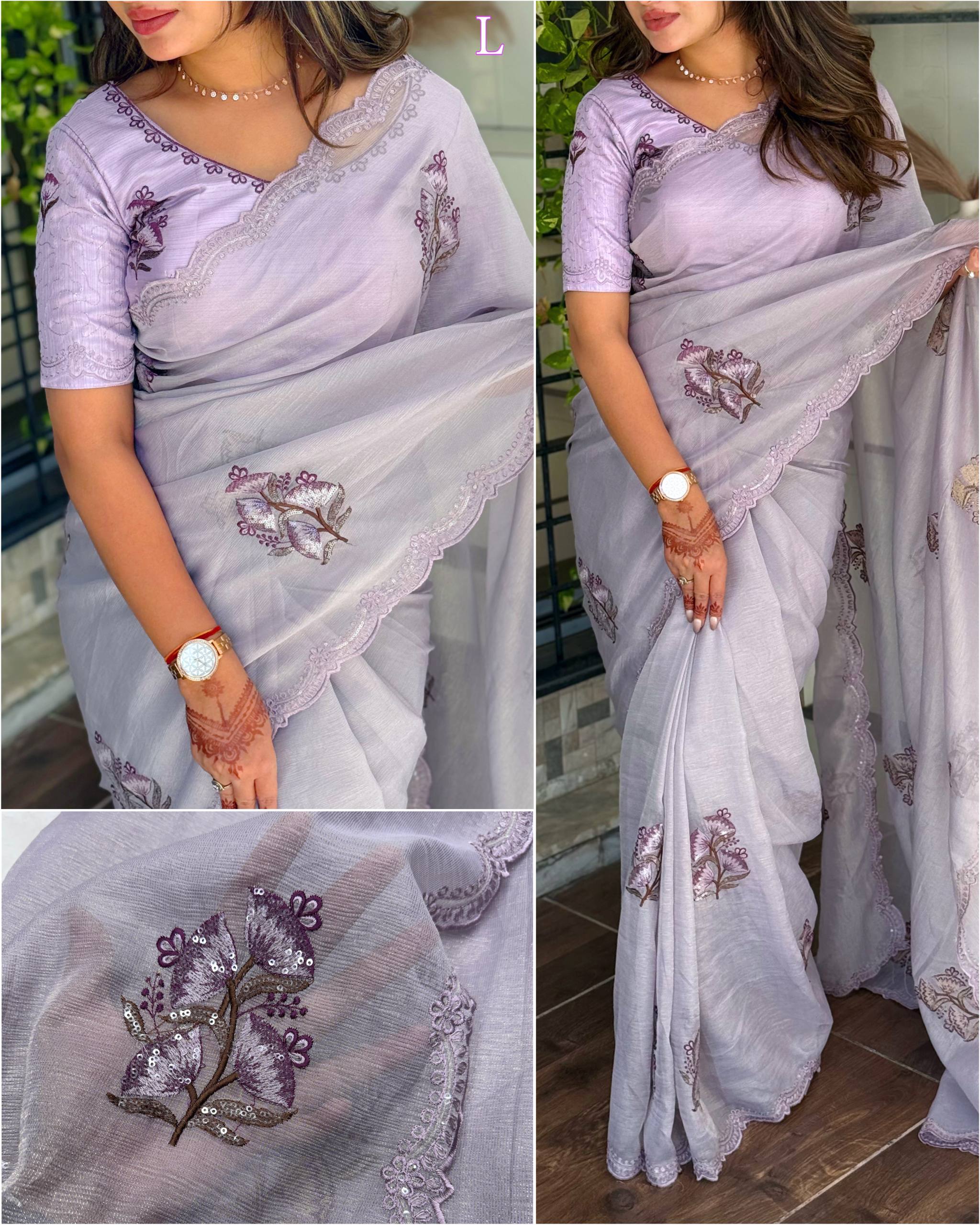 Elegent Jute Organza Embroidery Cutwork Border Saree With Blouse