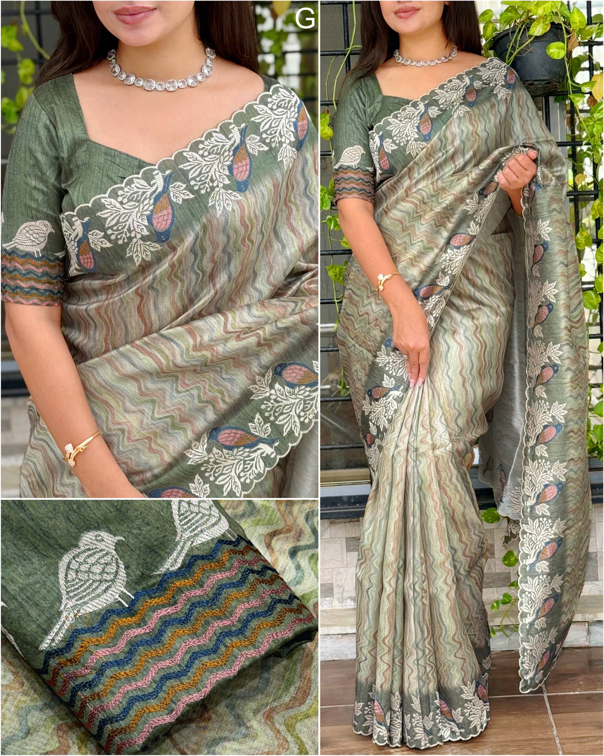 Traditions Pure Tusser silk Kashmiri Embroidery Digital Print Saree with Blouse