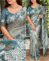 Traditions Pure Tusser silk Kashmiri Embroidery Digital Print Saree with Blouse