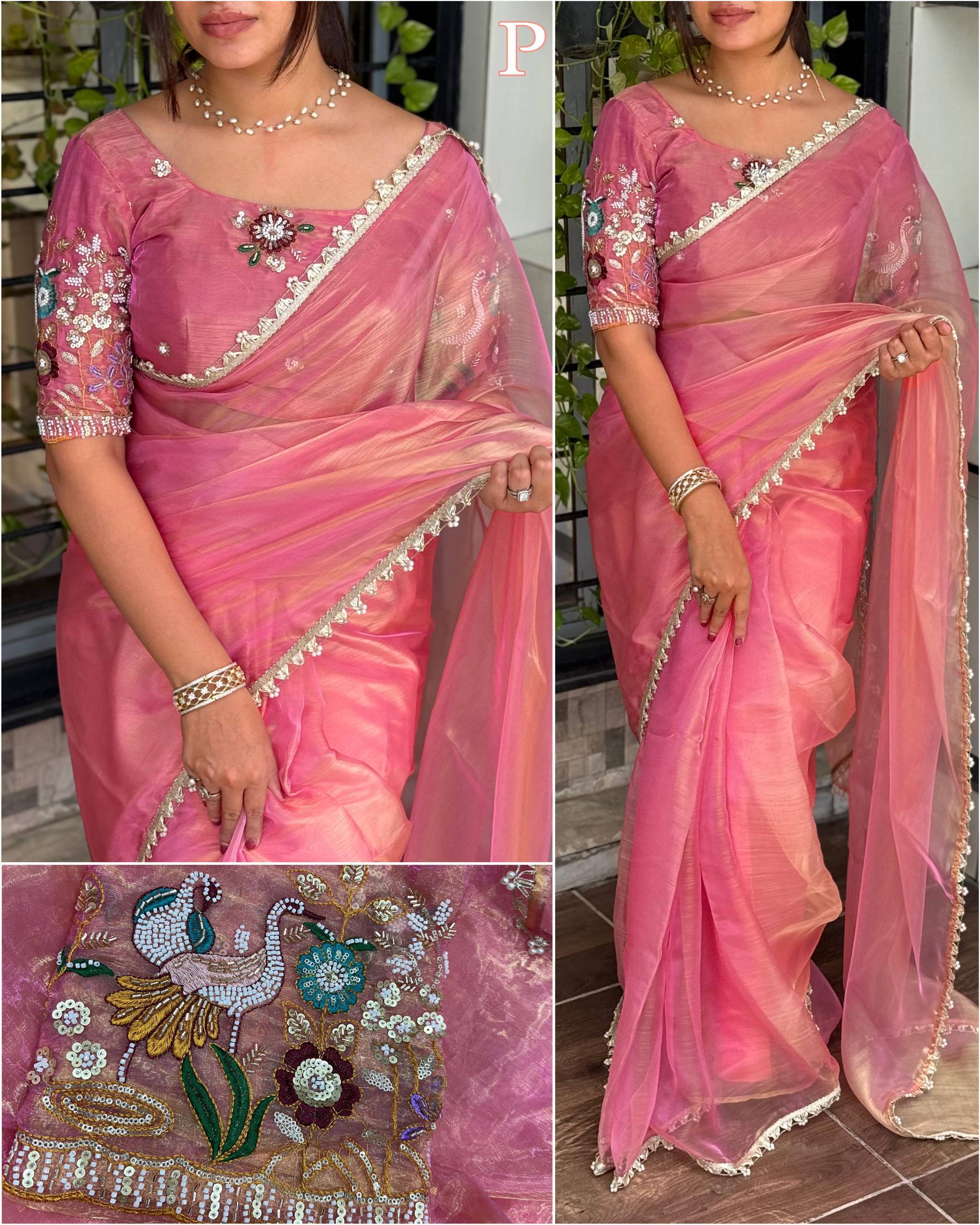 *Effortless Liquid Organza Embroidered Saree With Blouse