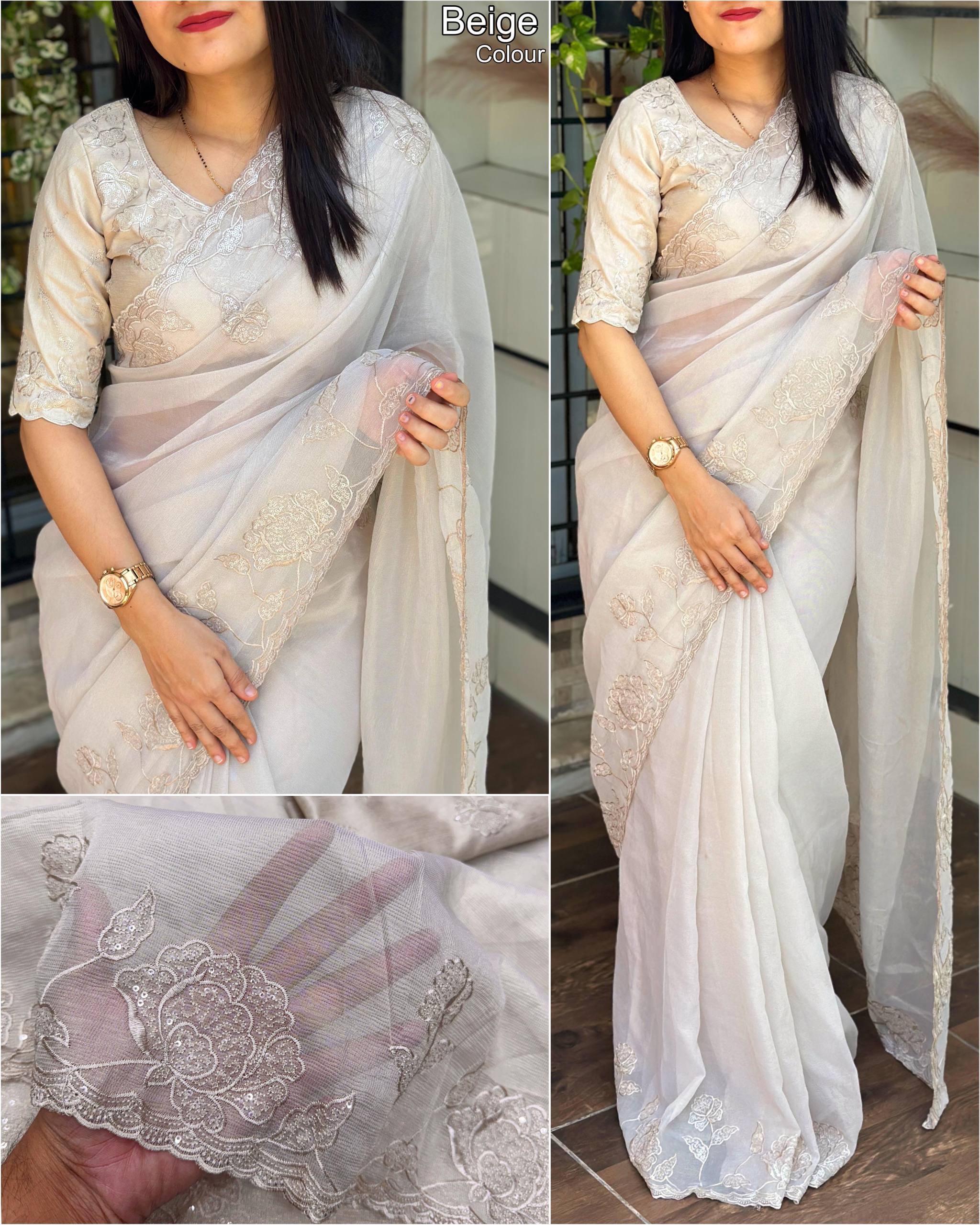 Elegant, Embroidery  Cutwork border Saree With Blouse